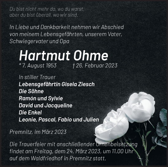 Traueranzeige von Hartmut Ohme von Märkische Oderzeitung