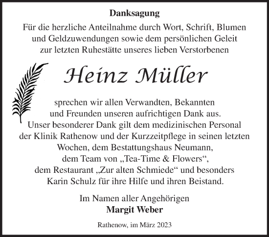 Traueranzeige von Heinz Müller von Märkische Oderzeitung