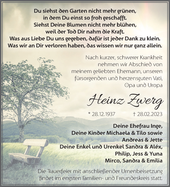 Traueranzeige von Heinz Zwerg von Märkische Oderzeitung