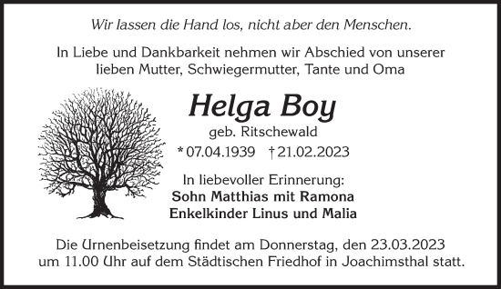 Traueranzeige von Helga Boy von Märkische Oderzeitung