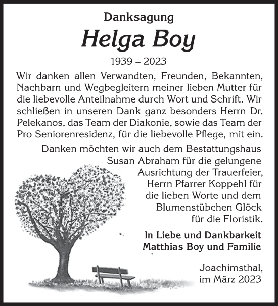 Traueranzeige von Helga Boy von Märkische Oderzeitung