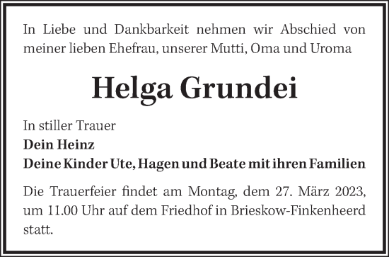 Traueranzeige von Helga Grundei von Märkische Oderzeitung