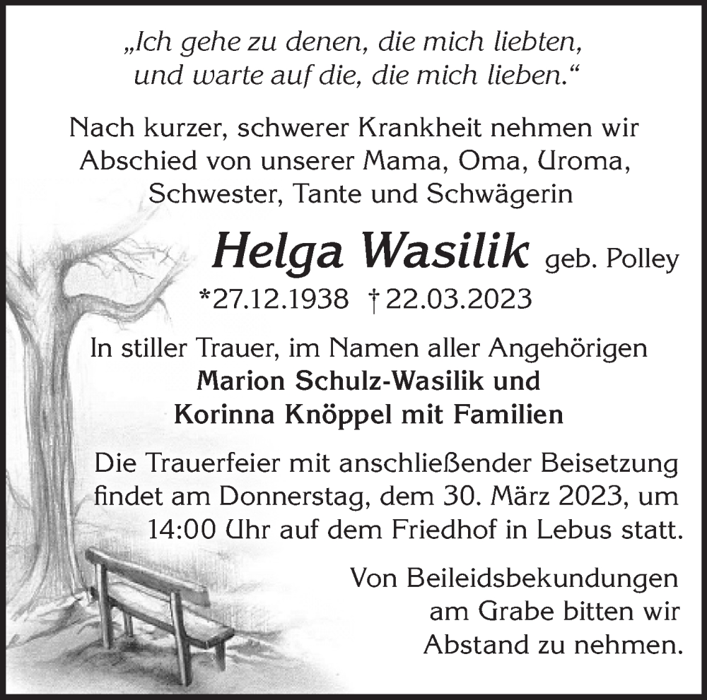  Traueranzeige für Helga Wasilik vom 25.03.2023 aus Märkische Oderzeitung