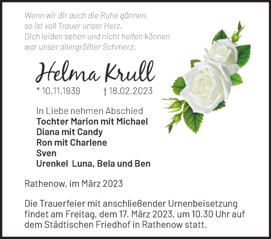 Traueranzeige von Helma Krull von Märkische Oderzeitung