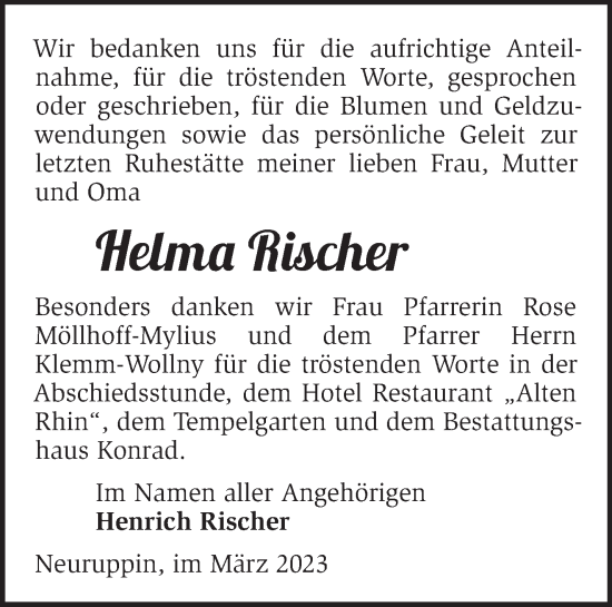 Traueranzeige von Helma Rischer von Märkische Oderzeitung