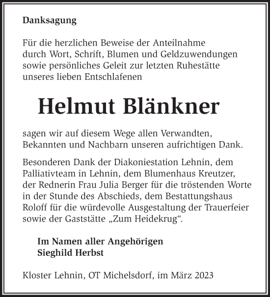 Traueranzeige von Helmut Blänkner von Märkische Oderzeitung