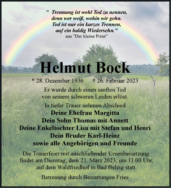 Traueranzeige von Helmut Bock von Märkische Oderzeitung