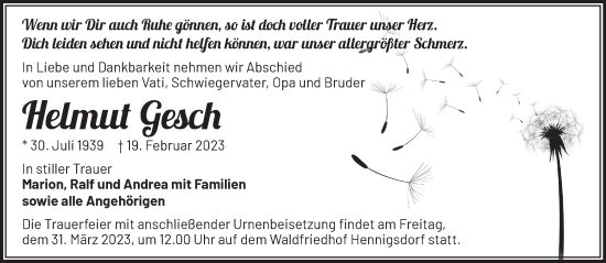 Traueranzeige von Helmut Gesch von Märkische Oderzeitung