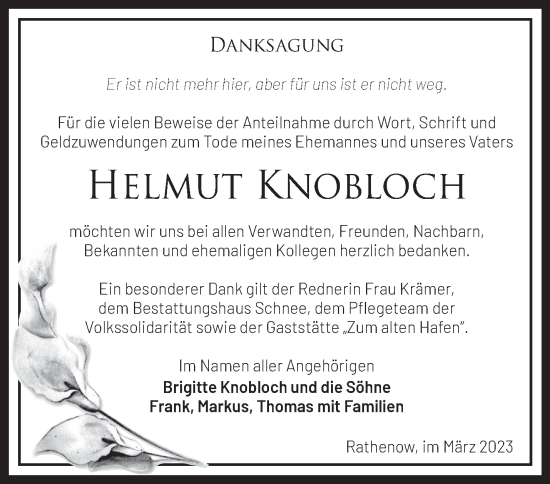 Traueranzeige von Helmut Knobloch von Märkische Oderzeitung