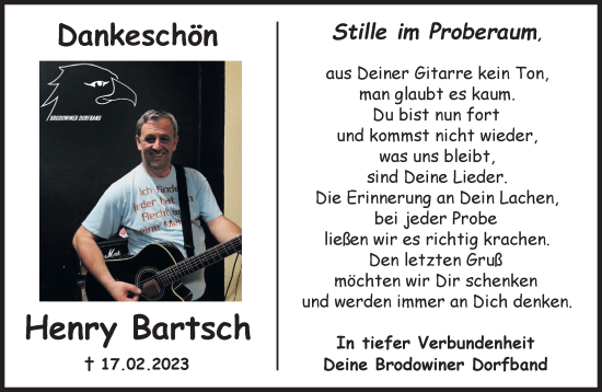 Traueranzeige von Henry Bartsch von Märkische Oderzeitung
