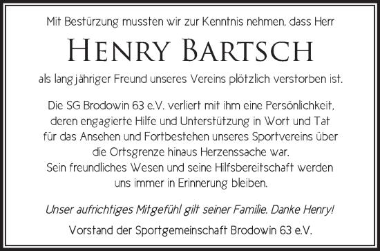 Traueranzeige von Henry Bartsch von Märkische Oderzeitung