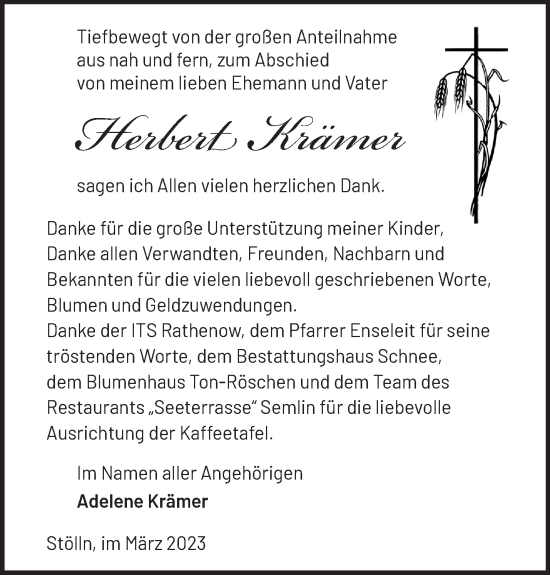 Traueranzeige von Herbert Krämer von Märkische Oderzeitung