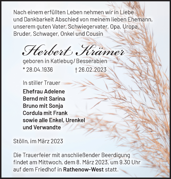 Traueranzeige von Herbert Krämer von Märkische Oderzeitung