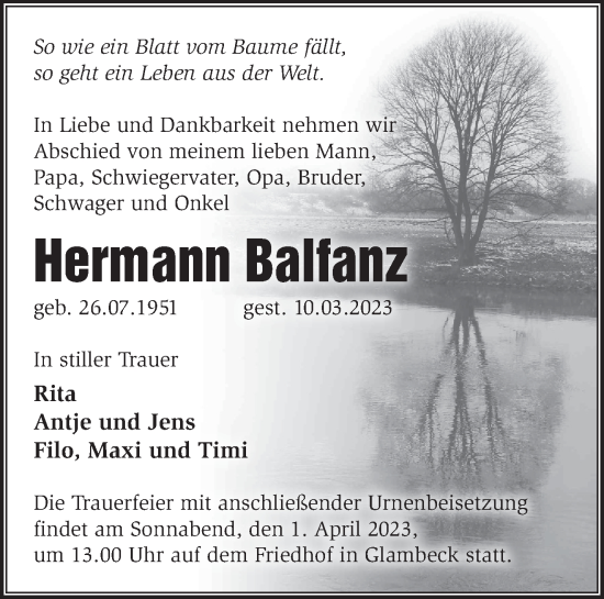 Traueranzeige von Hermann Balfanz von Märkische Oderzeitung