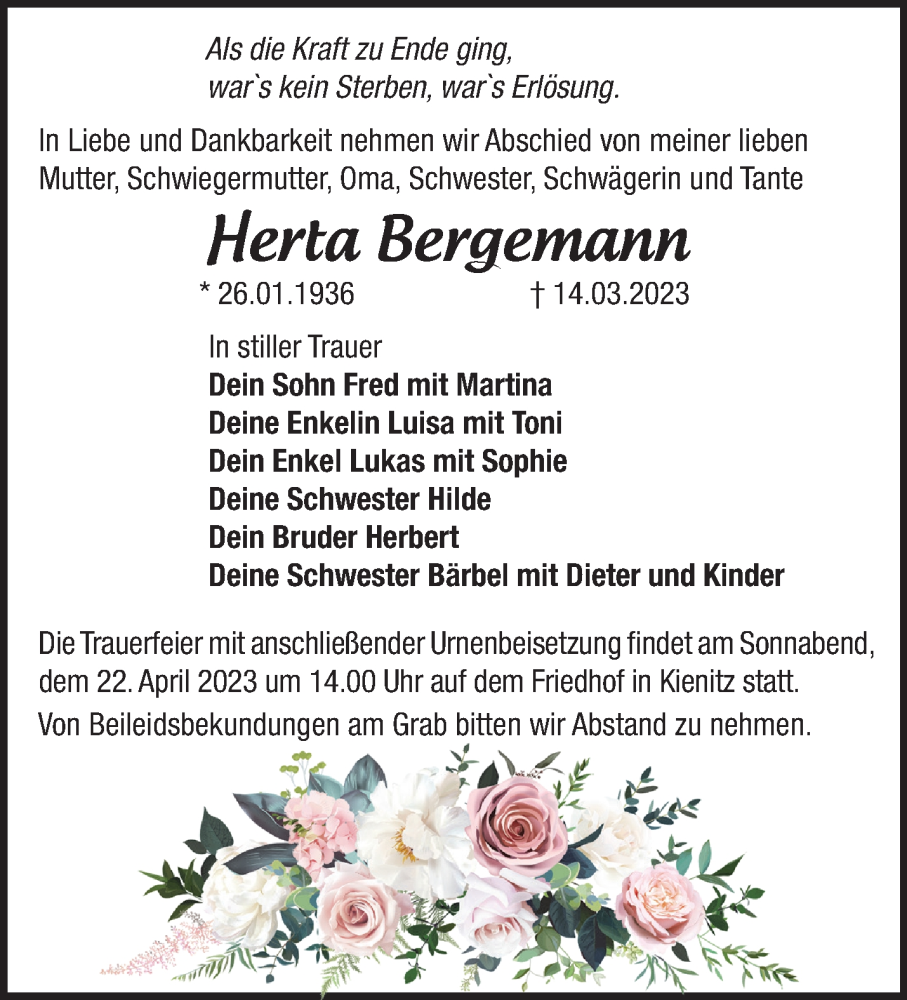  Traueranzeige für Herta Bergemann vom 18.03.2023 aus Märkische Oderzeitung