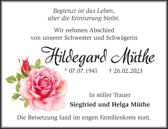 Traueranzeige von Hildegard Müthe von Märkische Oderzeitung