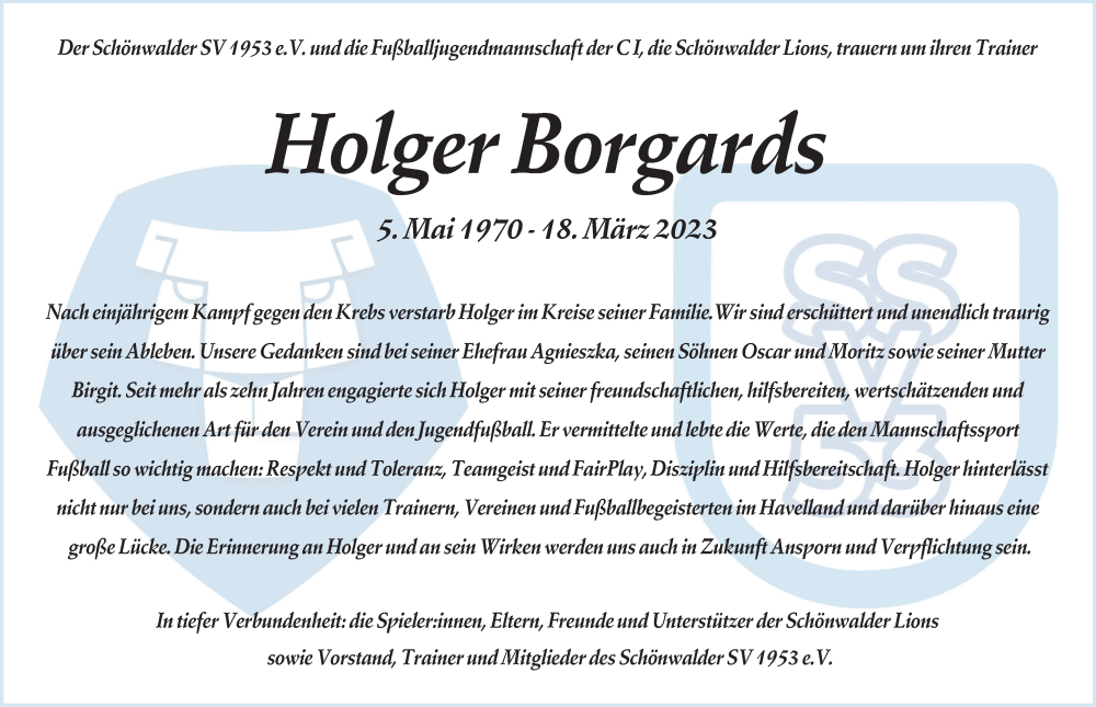  Traueranzeige für Holger Borgards vom 26.03.2023 aus Märkische Oderzeitung