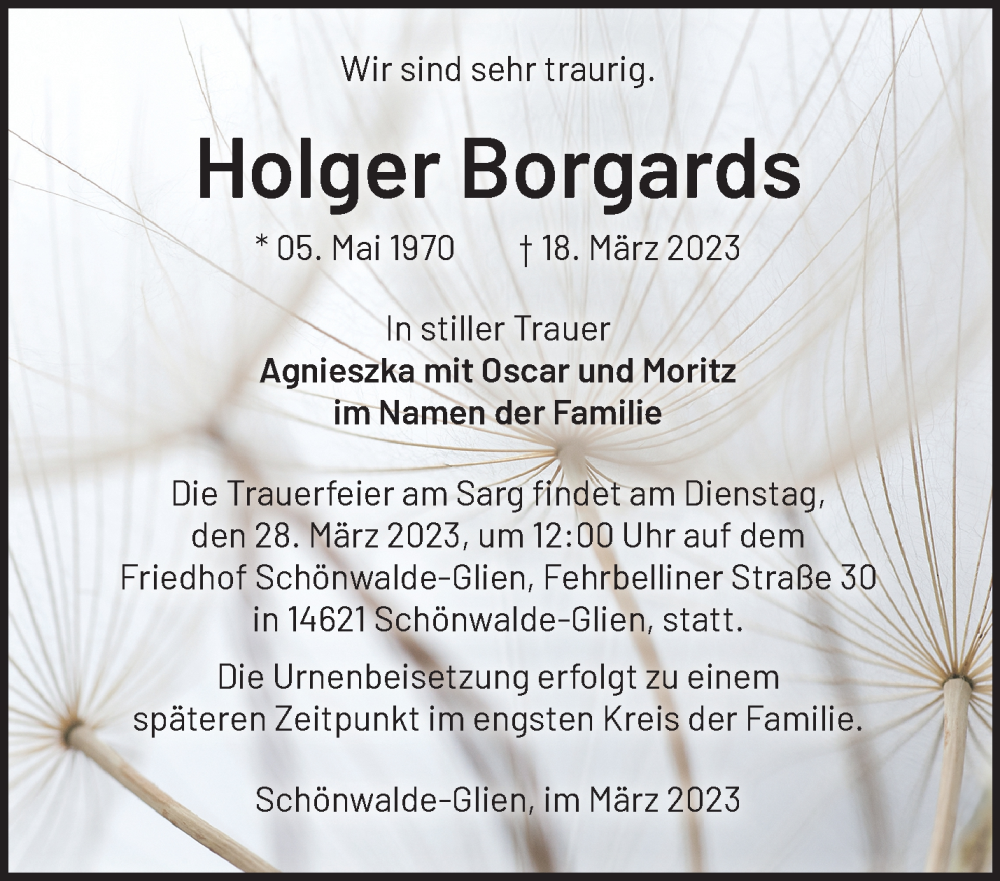  Traueranzeige für Holger Borgards vom 26.03.2023 aus Märkische Oderzeitung