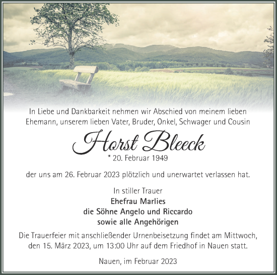 Traueranzeige von Horst Bleeck von Märkische Oderzeitung