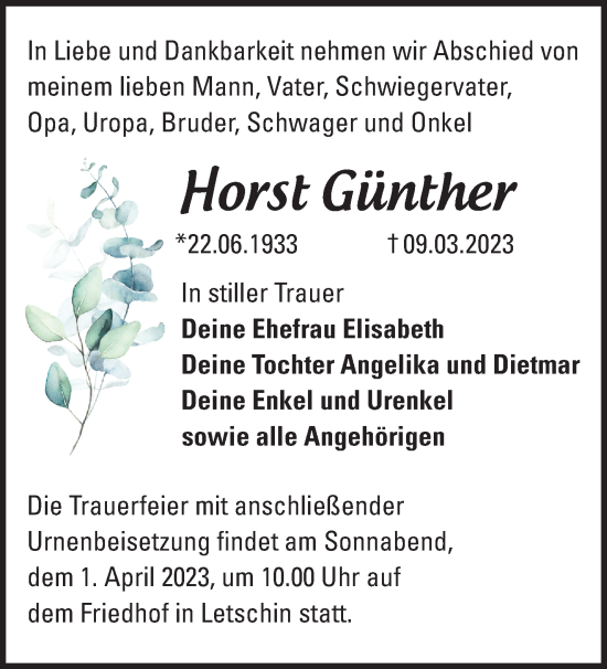 Traueranzeige von Horst Günther von Märkische Oderzeitung