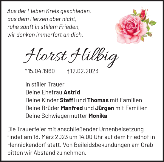 Traueranzeige von Horst Hilbig von Märkische Oderzeitung