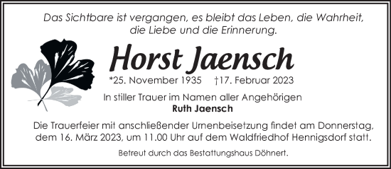 Traueranzeige von Horst Jaensch von Märkische Oderzeitung