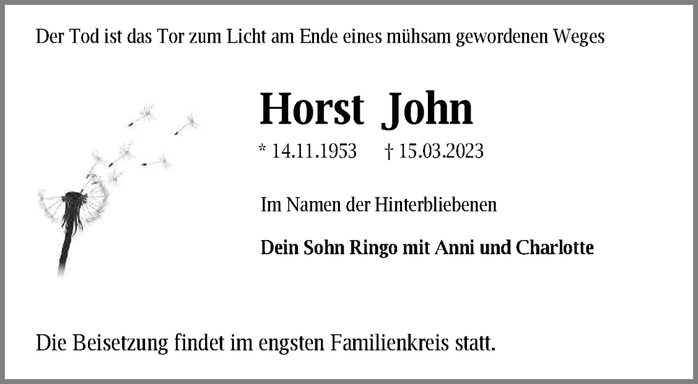  Traueranzeige für Horst John vom 21.03.2023 aus Märkische Oderzeitung
