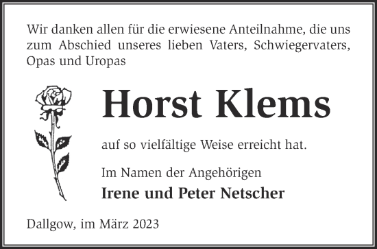 Traueranzeige von Horst Klems von Märkische Oderzeitung