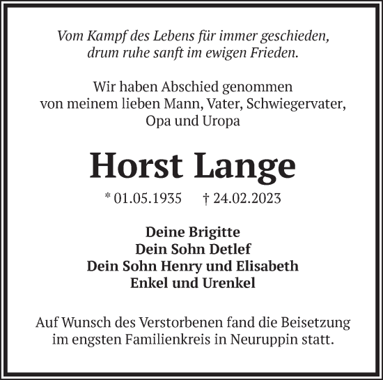Traueranzeige von Horst Lange von Märkische Oderzeitung