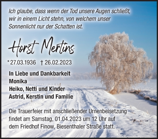 Traueranzeige von Horst Mertins von Märkische Oderzeitung