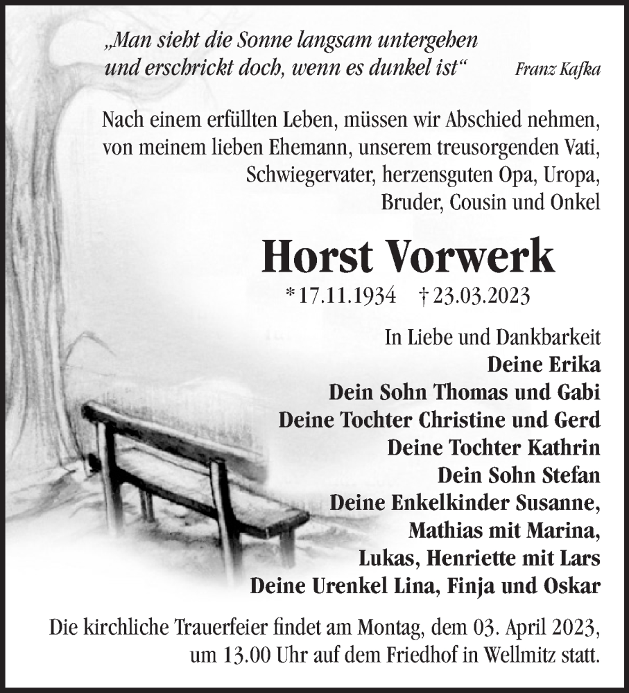  Traueranzeige für Horst Vorwerk vom 29.03.2023 aus Märkische Oderzeitung