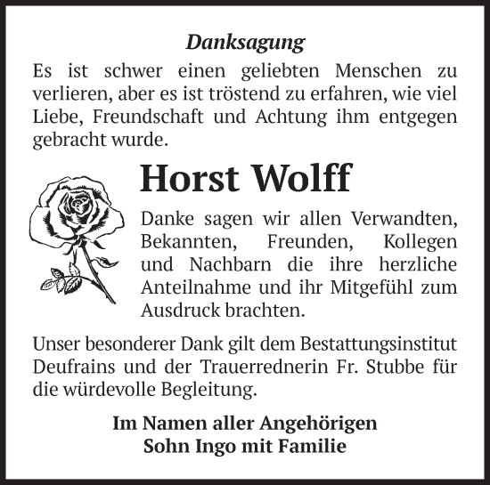 Traueranzeigen Von Horst Wolff Märkische Onlinezeitung Trauerportal