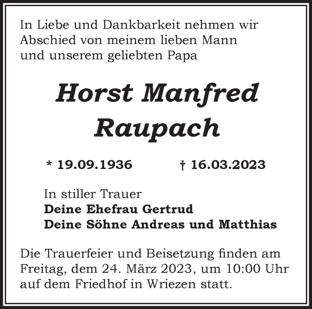  Traueranzeige für Horst Manfred Raupach vom 22.03.2023 aus Märkische Oderzeitung