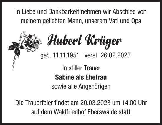 Traueranzeige von Hubert Krüger von Märkische Oderzeitung