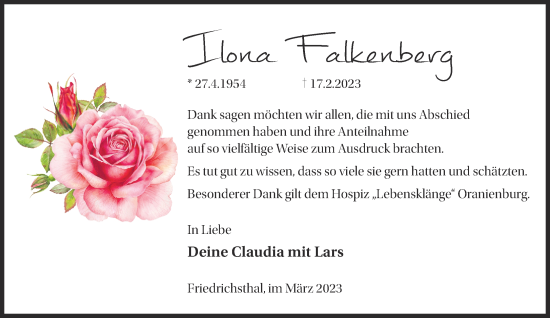 Traueranzeige von Ilona Falkenberg von Märkische Oderzeitung