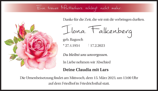 Traueranzeige von Ilona Falkenberg von Märkische Oderzeitung