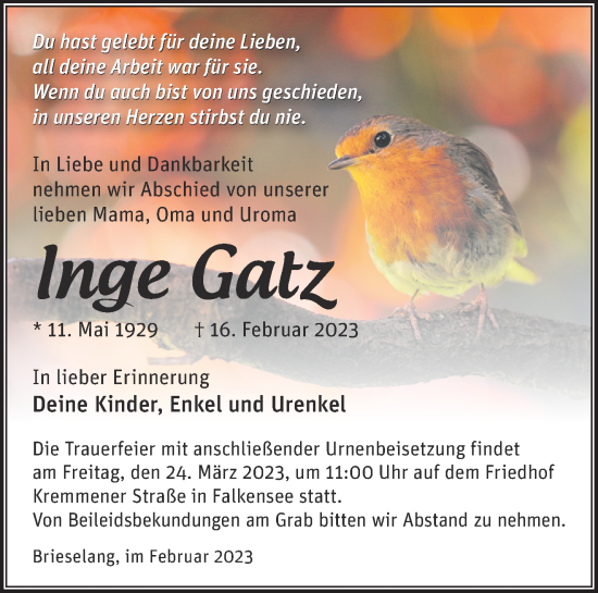 Traueranzeige von Inge Gatz von Märkische Oderzeitung