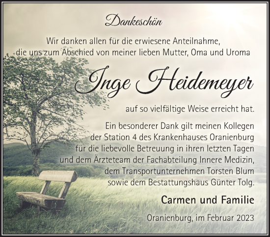 Traueranzeige von Inge Heidemeyer von Märkische Oderzeitung