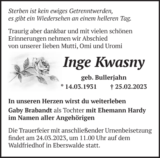 Traueranzeige von Inge Kwasny von Märkische Oderzeitung