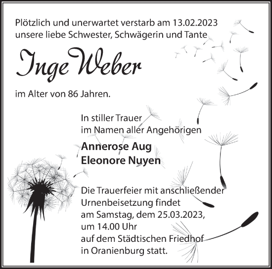 Traueranzeige von Inge Weber von Märkische Oderzeitung