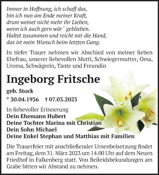 Traueranzeige von Ingeborg Fritsche von Märkische Oderzeitung