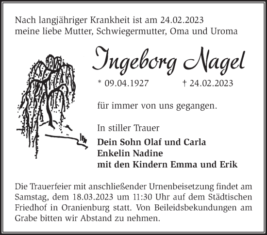 Traueranzeige von Ingeborg Nagel von Märkische Oderzeitung