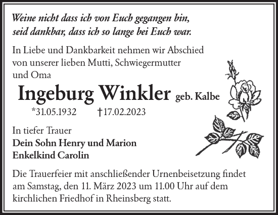 Traueranzeige von Ingeburg Winkler von Märkische Oderzeitung