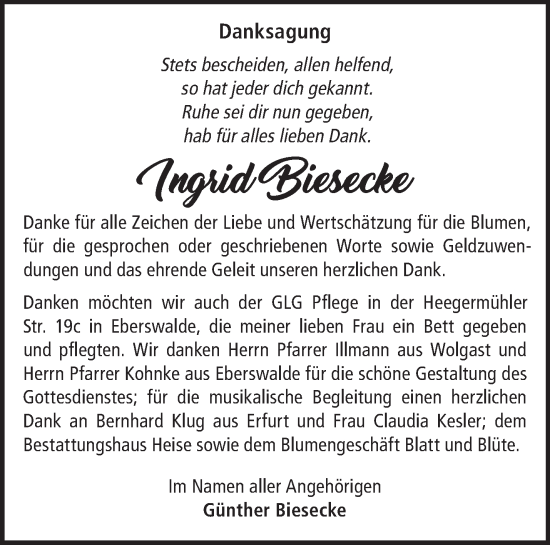Traueranzeige von Ingrid Biesecke von Märkische Oderzeitung