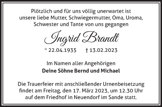 Traueranzeige von Ingrid Brandt von Märkische Oderzeitung