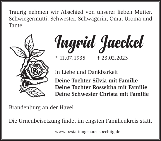 Traueranzeige von Ingrid Jaeckel von Märkische Oderzeitung