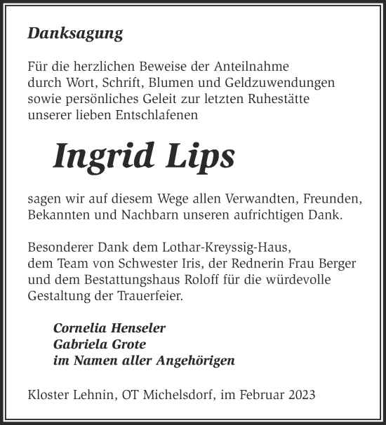 Traueranzeige von Ingrid Lips von Märkische Oderzeitung