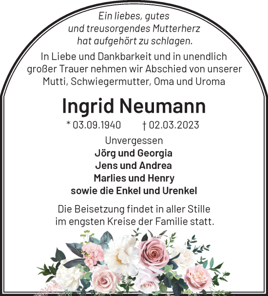 Traueranzeige von Ingrid Neumann von Märkische Oderzeitung