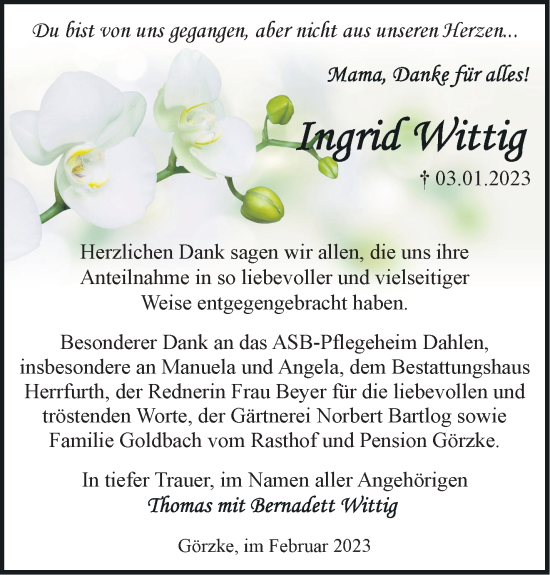 Traueranzeige von Ingrid Wittig von Märkische Oderzeitung