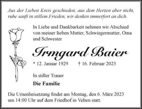 Traueranzeige von Irmgard Baier von Märkische Oderzeitung